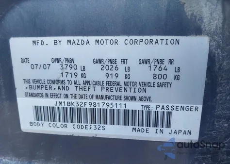 2008 Mazda Mazda3 I z USA, uszkodzony, nr VIN JM1BK32F981795111